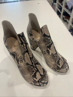 Cole Haan Snake-Print Peep-Toe Block Heel Booties in Beige and Black